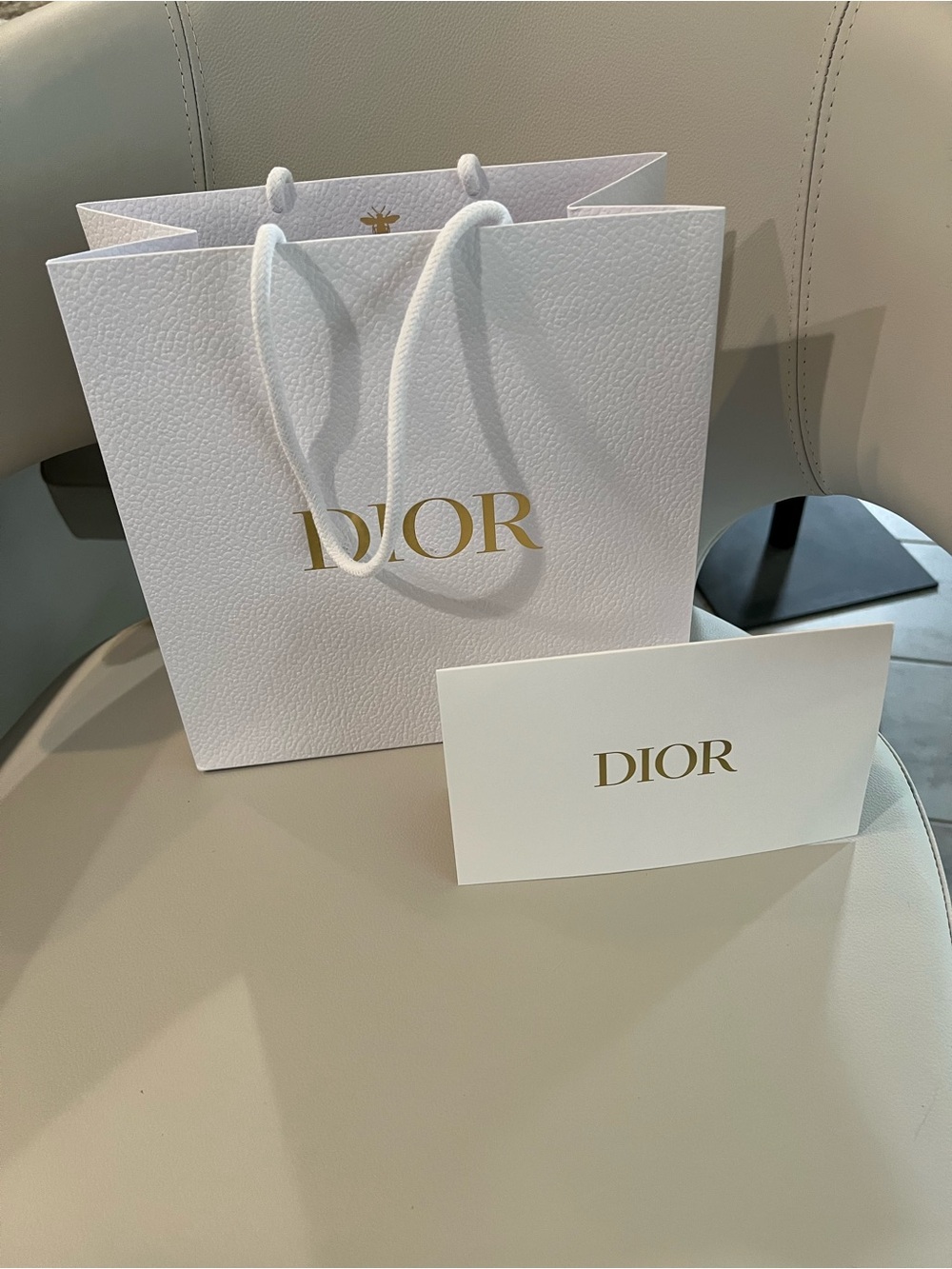NEW DIOR White Pebble Textured Gift Bag + Envelope Gold Logo 9.5x9.5X5”
